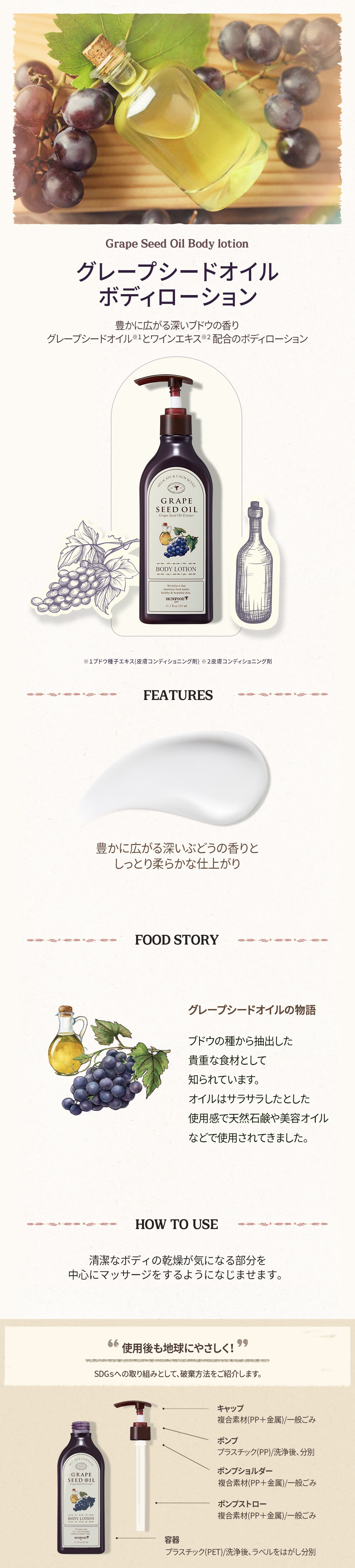 グレープシードオイル ボディローション 335mL ボディエマルジョン＆クリーム スキンフード公式通販 (skinfood)